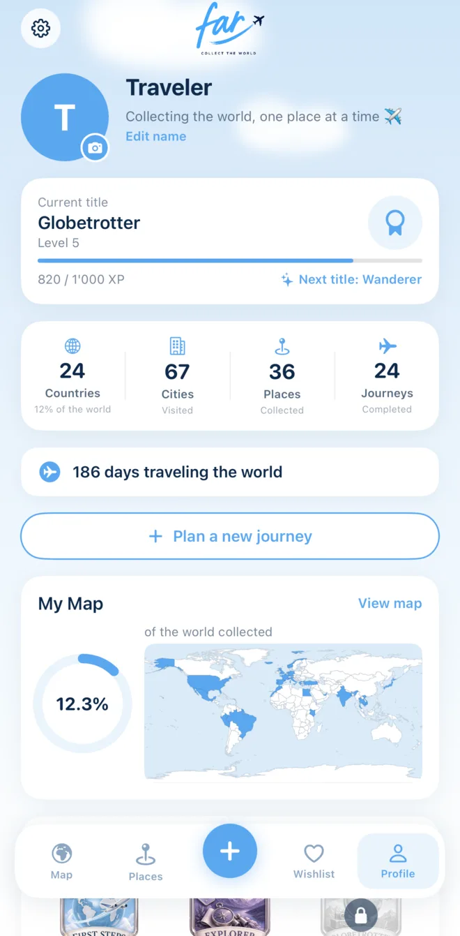 far's profile screen showing a traveller title and level, an XP bar, counts of countries, cities, places and journeys, days spent travelling, and a ring showing the share of the world collected.