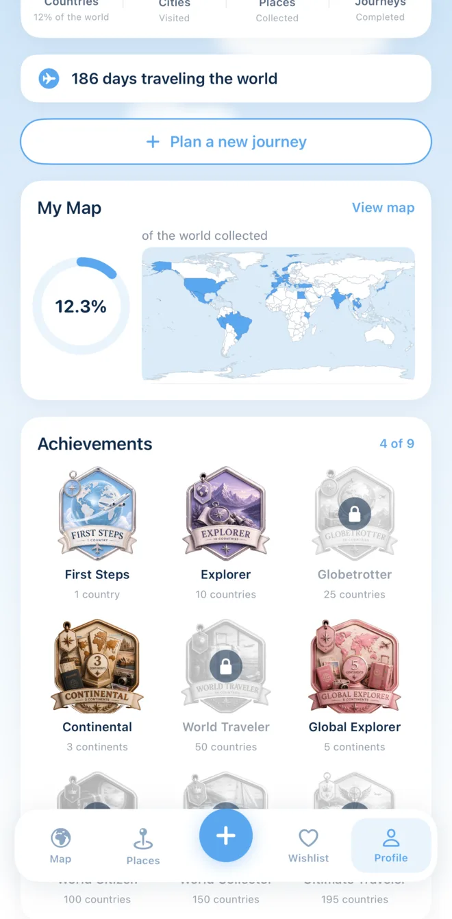 far's achievements grid: illustrated badges, the earned ones in full colour and the locked ones greyed out behind a padlock.